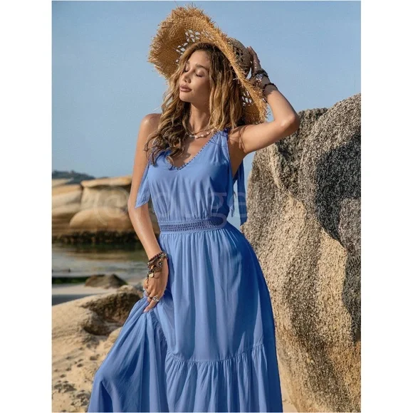 Blue Maxi Dress V-Neck Flared Flowy Tie Straps Embroidered Trim - Picture 5 of 7